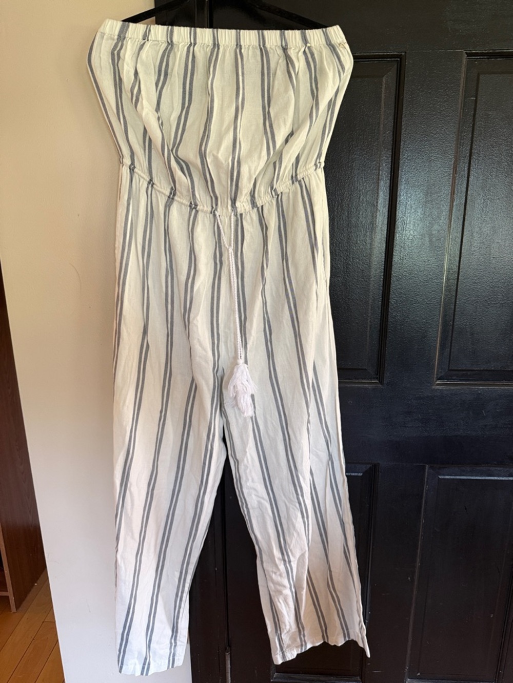 Women's Strapless White Jumpsuit with Gray Stripes